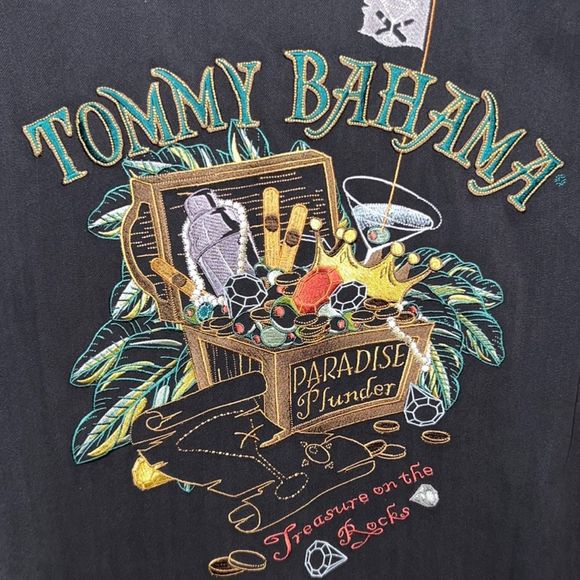 Tommy Bahama Black 100% Silk Embroidered "Treasure on the Rocks” Camp Shirt M #2 - Picture 2 of 8